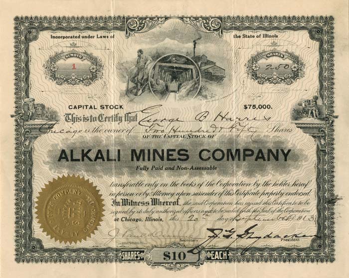 Alkali Mines Co. - Only Certificate #24 available